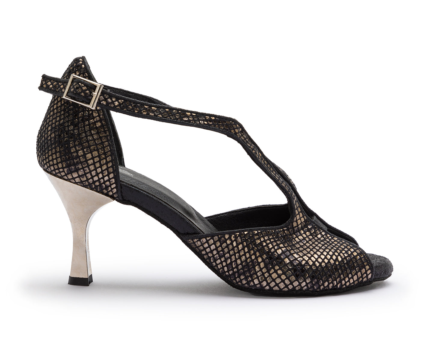 ESP11-Tanzschuhe in Schwarz von Dancing Queens, mit schwarz-goldenem Riemchendesign und Schnalle.